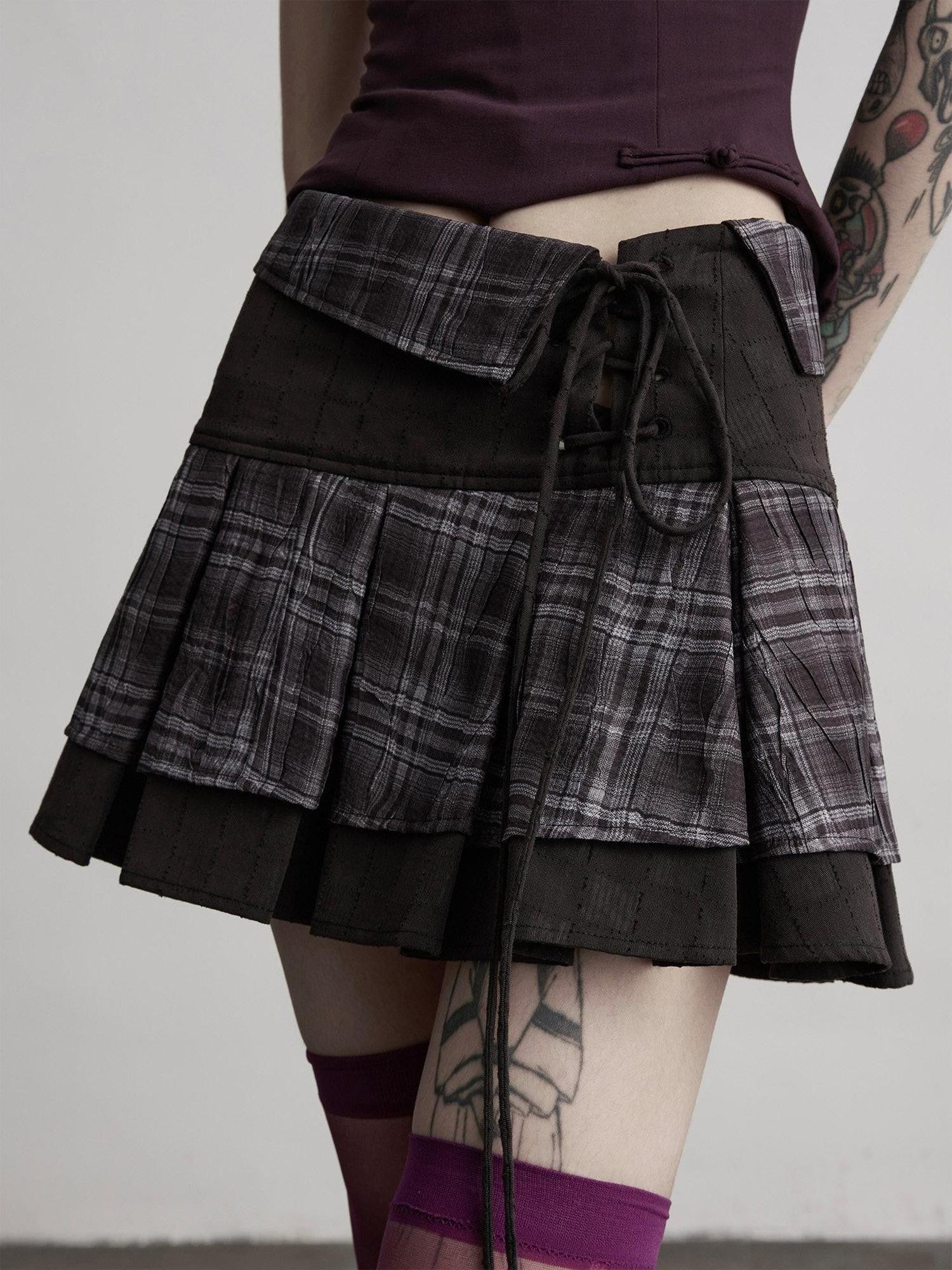 INDULGE Dark Plaid Tie Waist Folded Layer A Line Women&