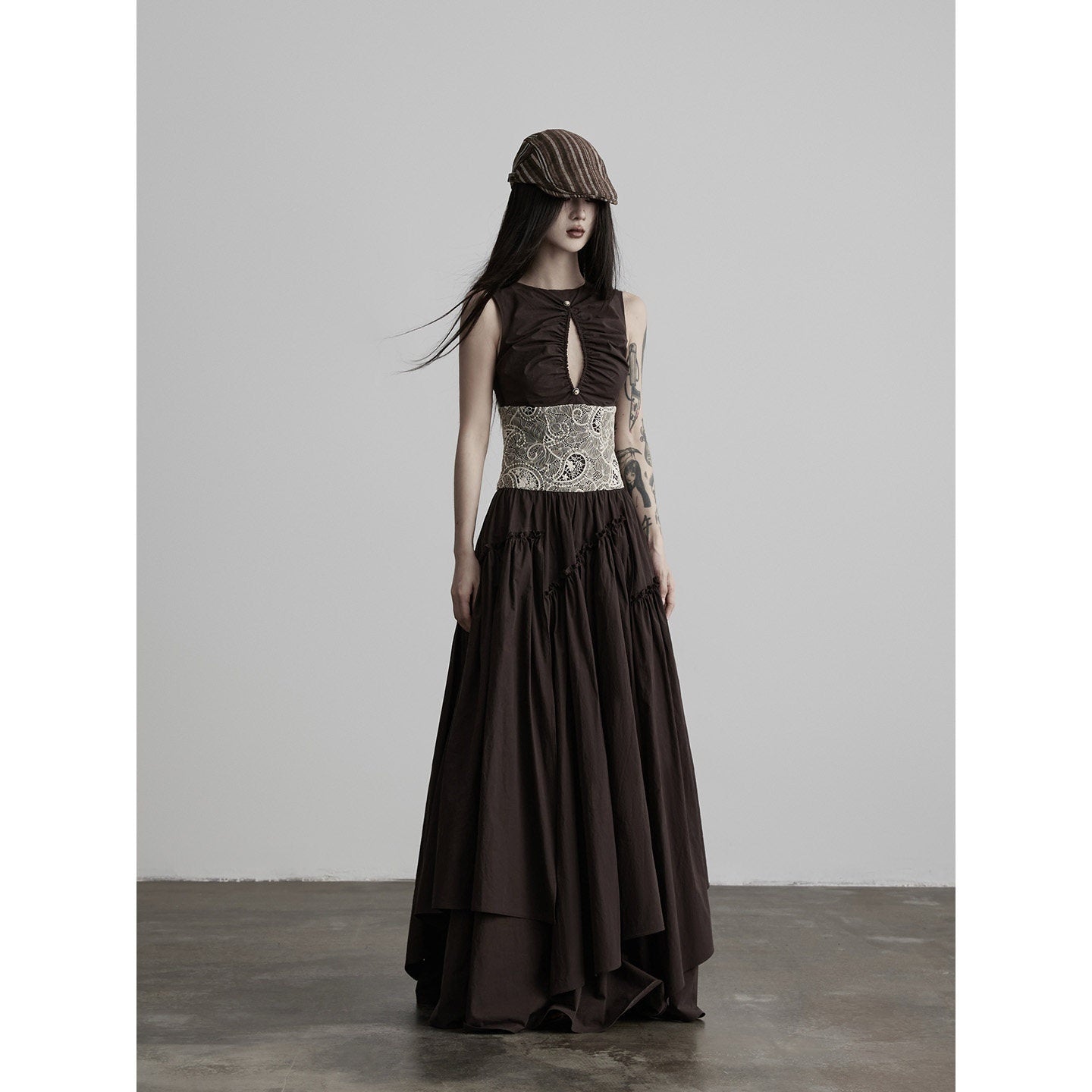 INDULGE_Deep_Brown_Cutout_Lace_Spliced_Cinched_Waist_Women&