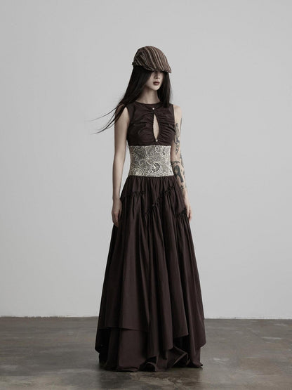 INDULGE Deep Brown Cutout Lace Spliced Cinched Waist Women&