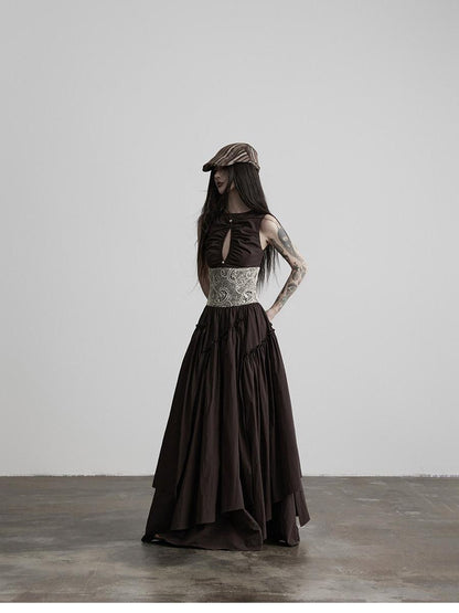 INDULGE Deep Brown Cutout Lace Spliced Cinched Waist Women&