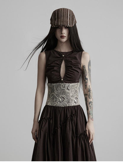 INDULGE Deep Brown Cutout Lace Spliced Cinched Waist Women&