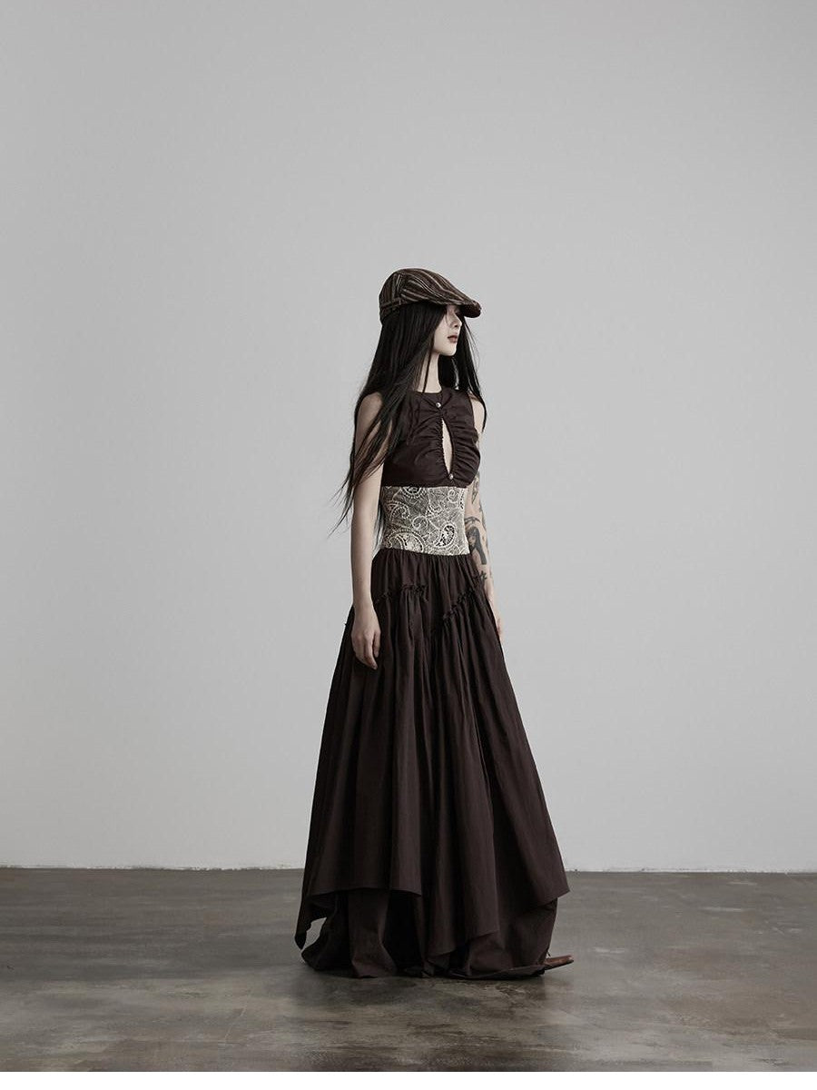 INDULGE Deep Brown Cutout Lace Spliced Cinched Waist Women&