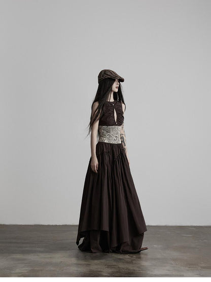 INDULGE Deep Brown Cutout Lace Spliced Cinched Waist Women&