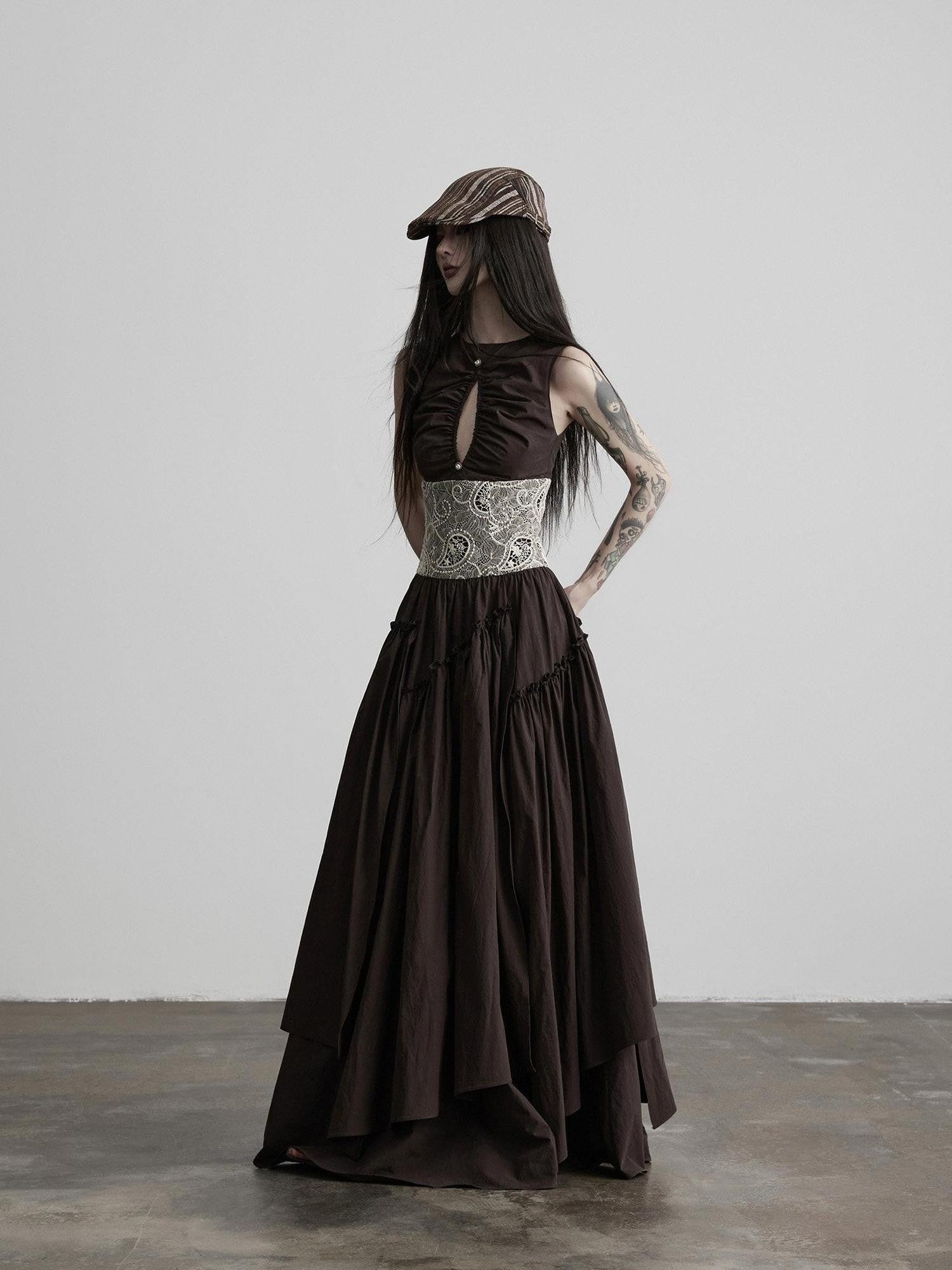 INDULGE Deep Brown Cutout Lace Spliced Cinched Waist Women&