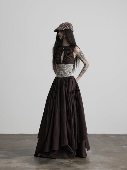 INDULGE Deep Brown Cutout Lace Spliced Cinched Waist Women&