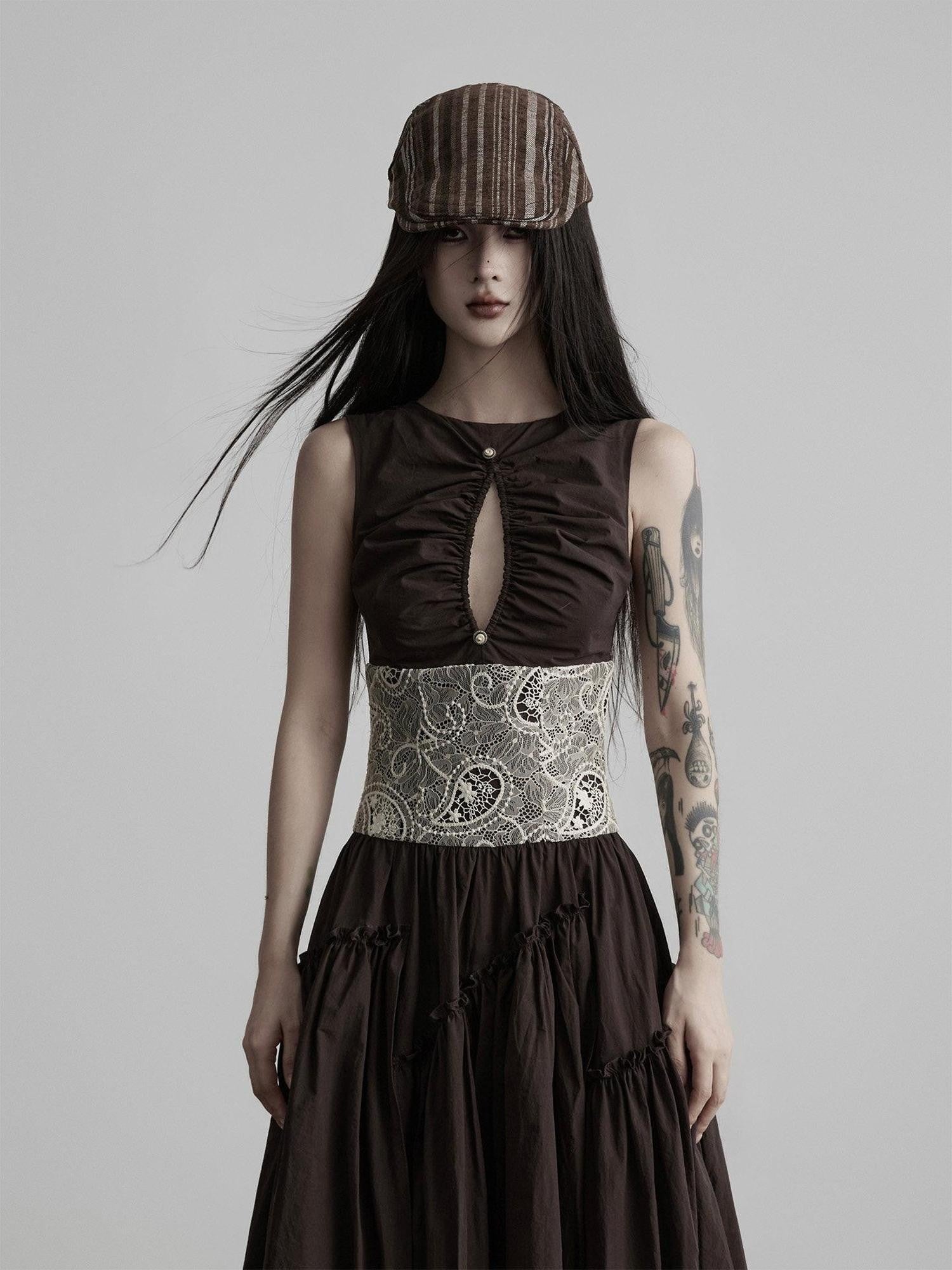 INDULGE Deep Brown Cutout Lace Spliced Cinched Waist Women&