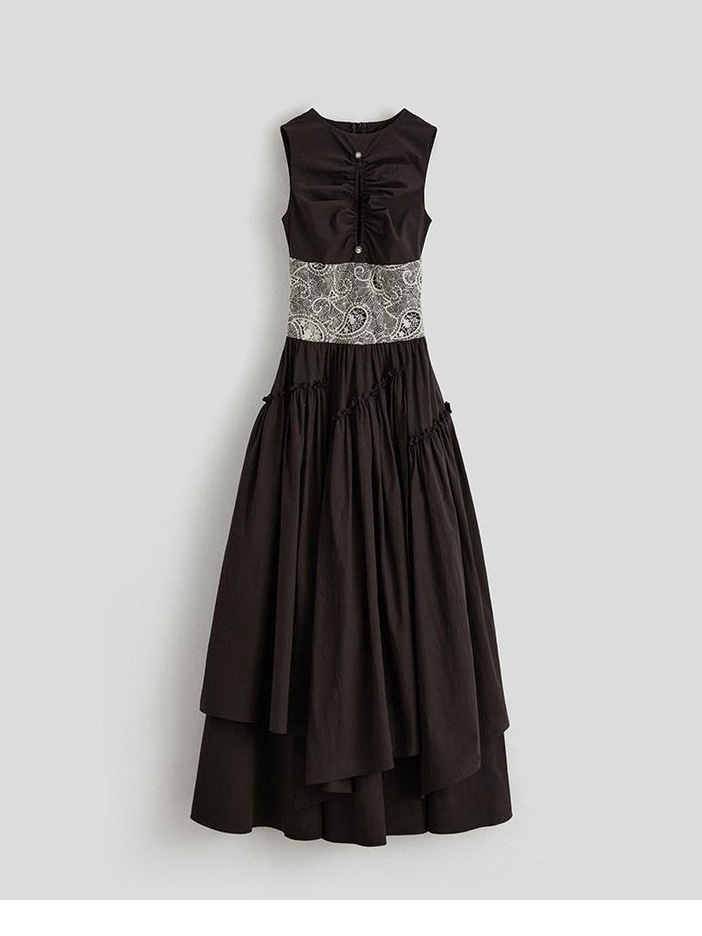 INDULGE Deep Brown Cutout Lace Spliced Cinched Waist Women&