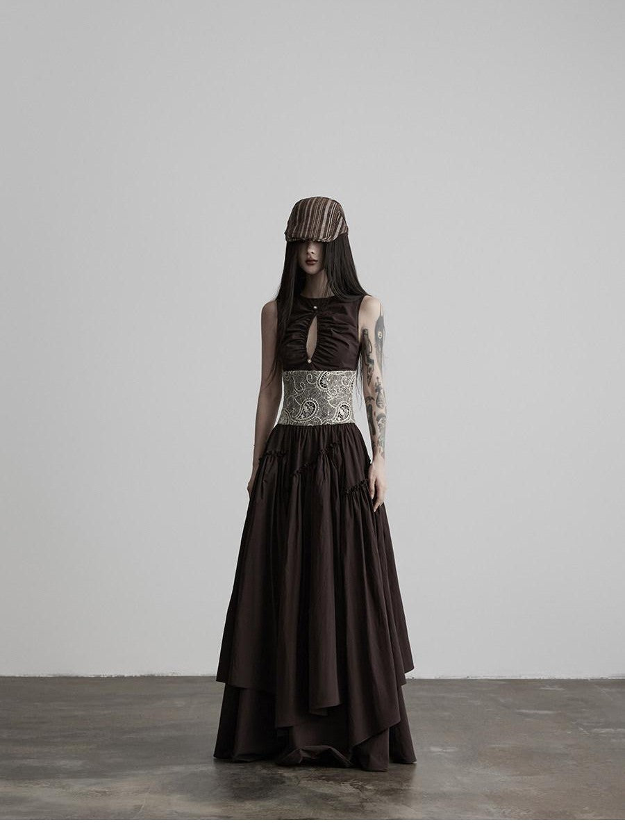 INDULGE Deep Brown Cutout Lace Spliced Cinched Waist Women&