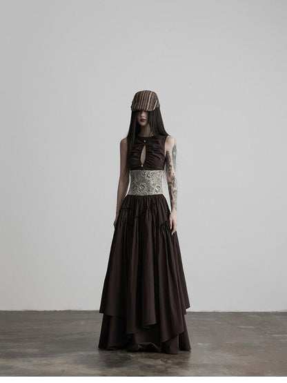 INDULGE Deep Brown Cutout Lace Spliced Cinched Waist Women&
