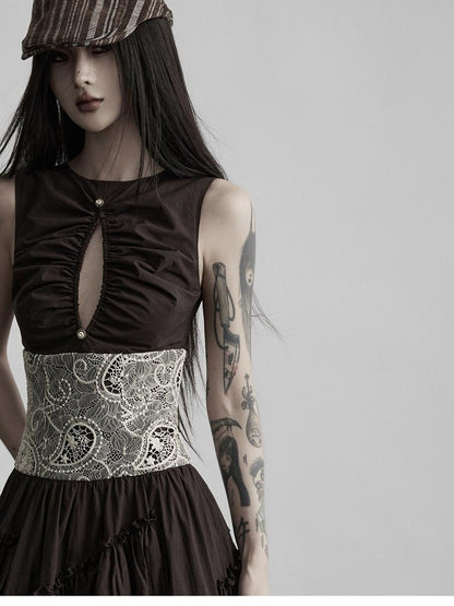 INDULGE Deep Brown Cutout Lace Spliced Cinched Waist Women&