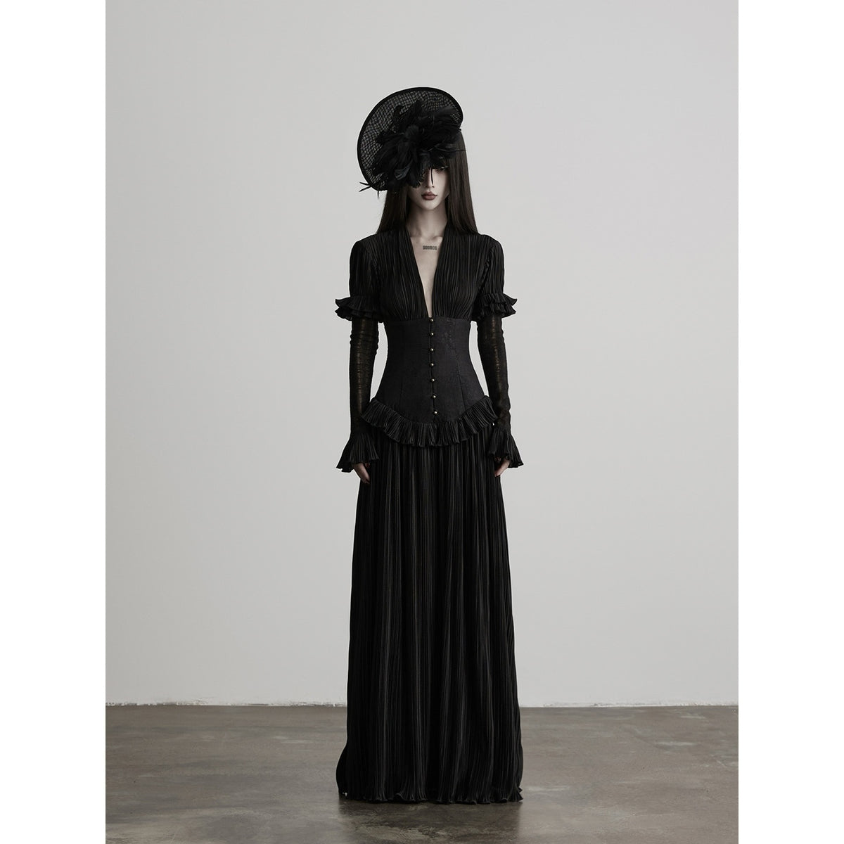INDULGE_Deep_V_Pleated_Spliced_Waist_Long_Sleeve_Women&
