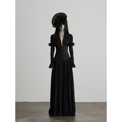 INDULGE_Deep_V_Pleated_Spliced_Waist_Long_Sleeve_Women&