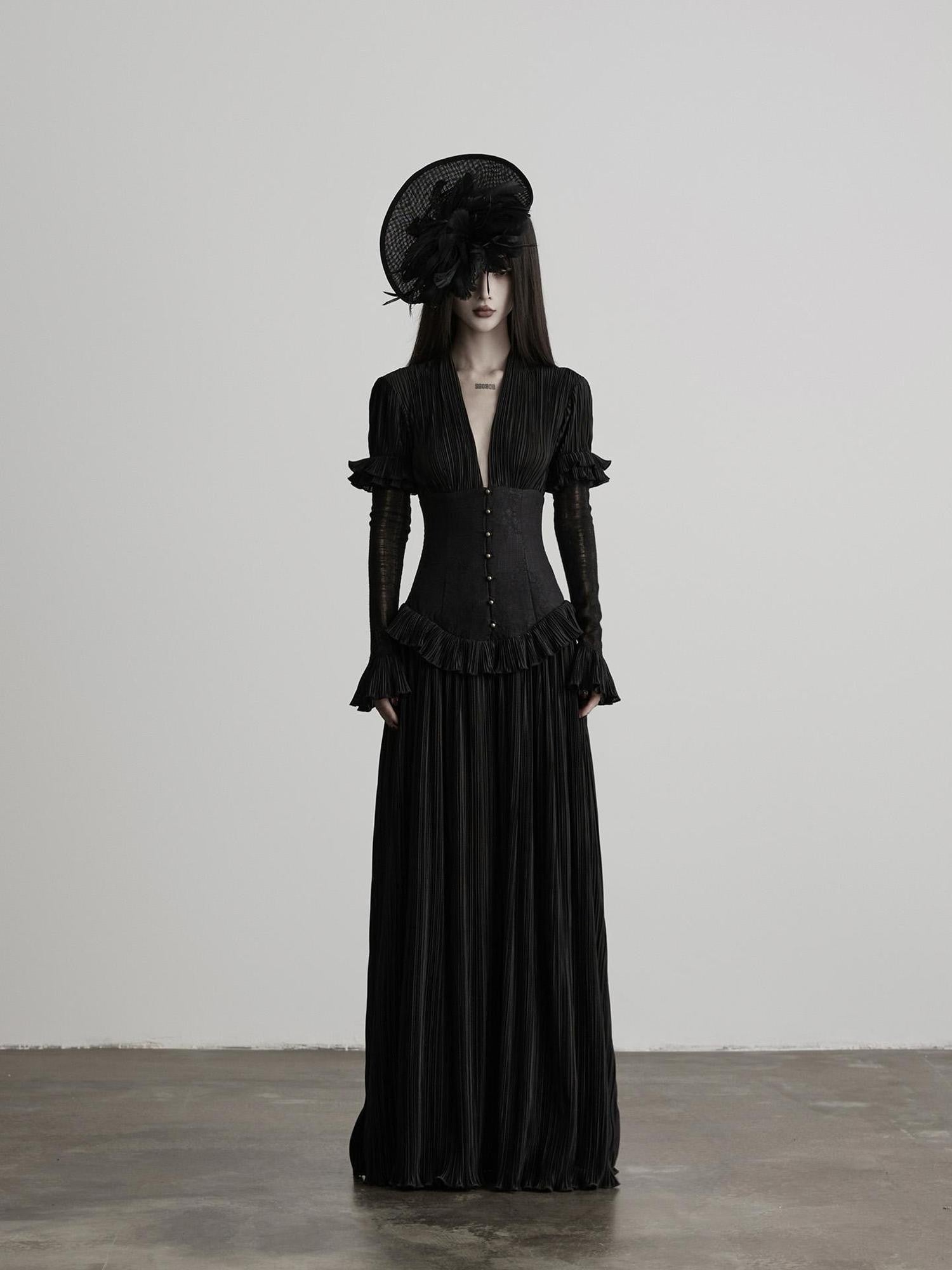 INDULGE Deep V Pleated Spliced Waist Long Sleeve Women&