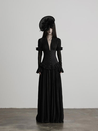 INDULGE Deep V Pleated Spliced Waist Long Sleeve Women&