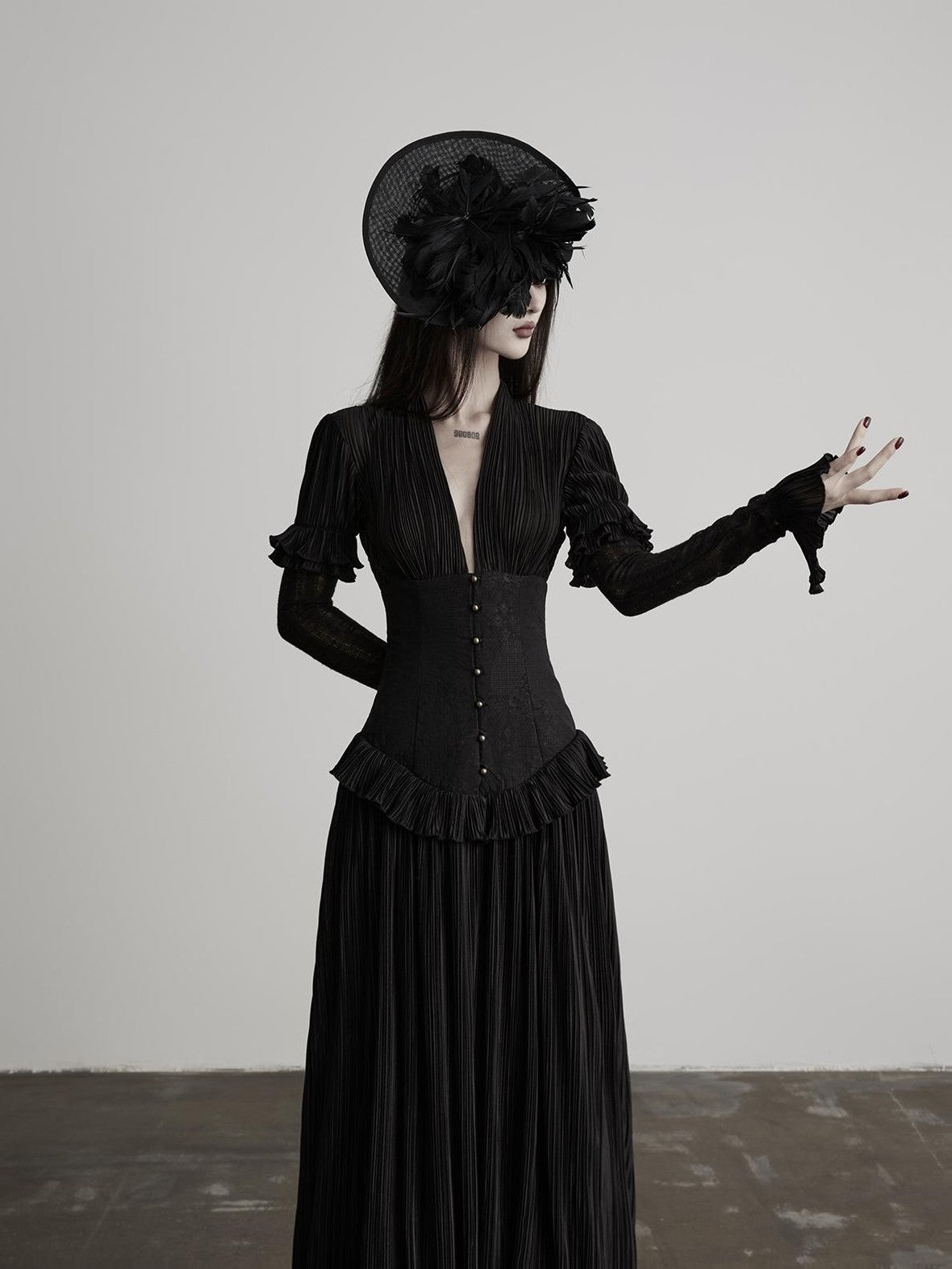 INDULGE Deep V Pleated Spliced Waist Long Sleeve Women&