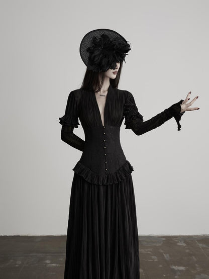 INDULGE Deep V Pleated Spliced Waist Long Sleeve Women&