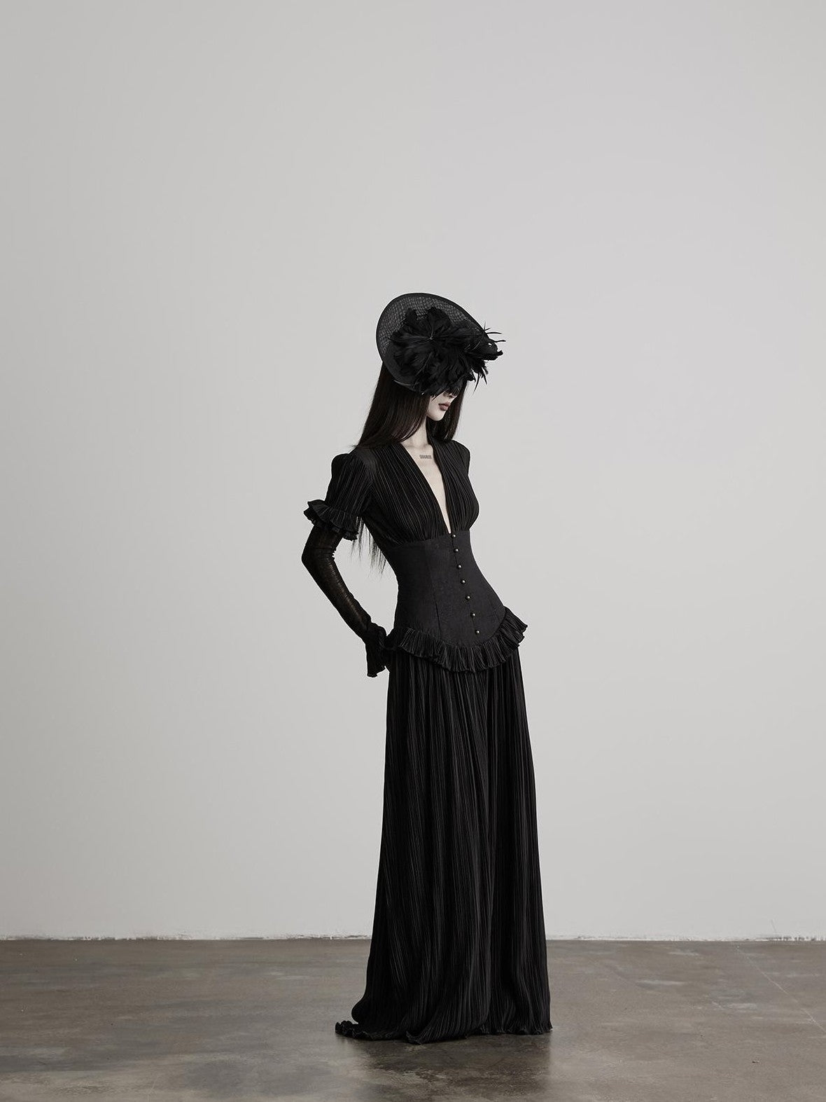 INDULGE Deep V Pleated Spliced Waist Long Sleeve Women&