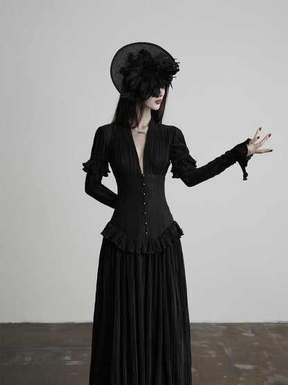 INDULGE Deep V Pleated Spliced Waist Long Sleeve Women&