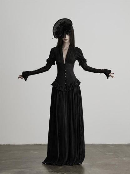 INDULGE Deep V Pleated Spliced Waist Long Sleeve Women&