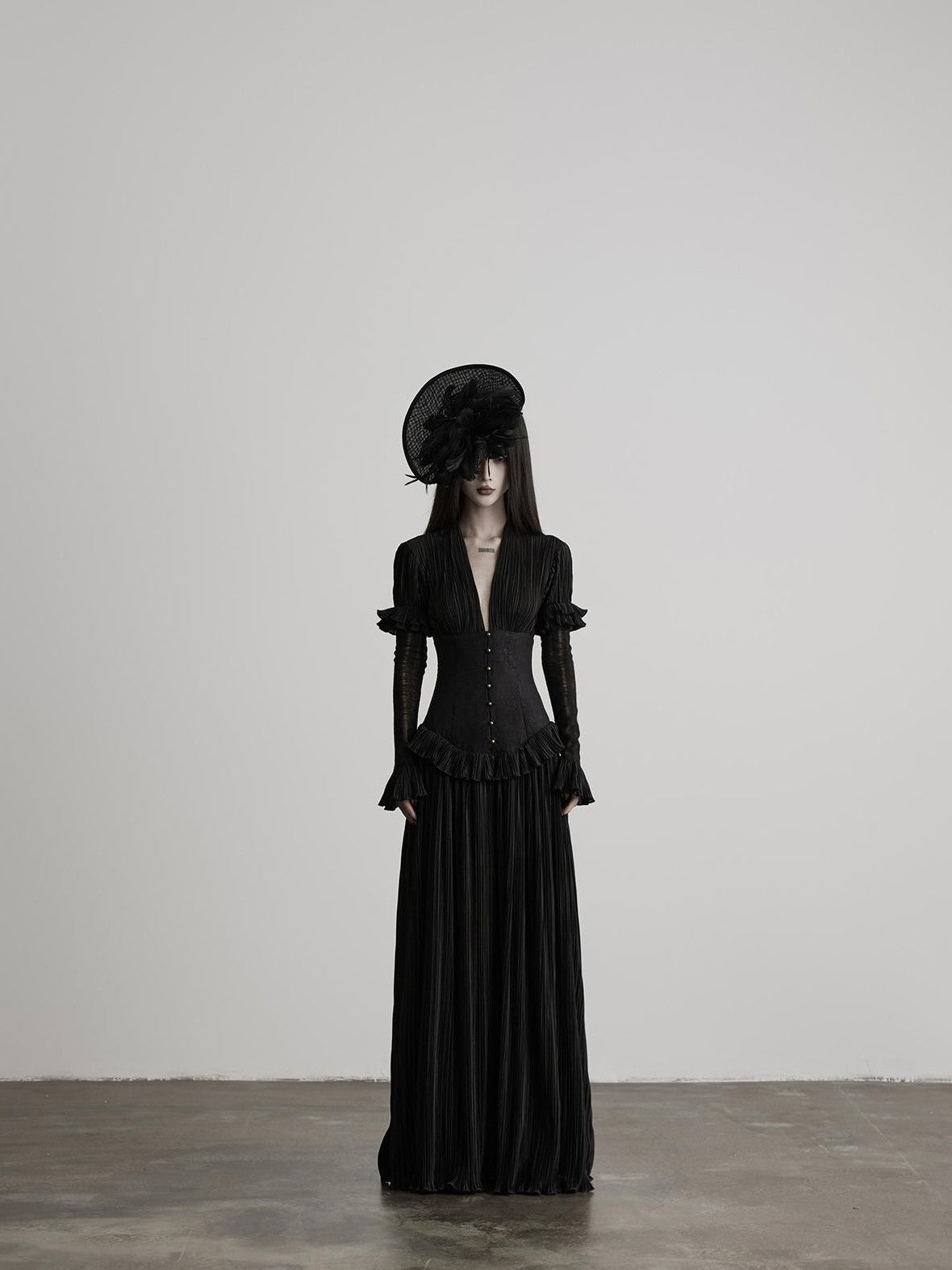INDULGE Deep V Pleated Spliced Waist Long Sleeve Women&