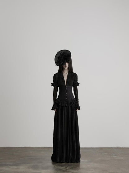 INDULGE Deep V Pleated Spliced Waist Long Sleeve Women&