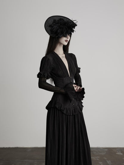 INDULGE Deep V Pleated Spliced Waist Long Sleeve Women&