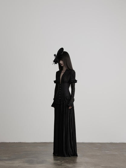 INDULGE Deep V Pleated Spliced Waist Long Sleeve Women&