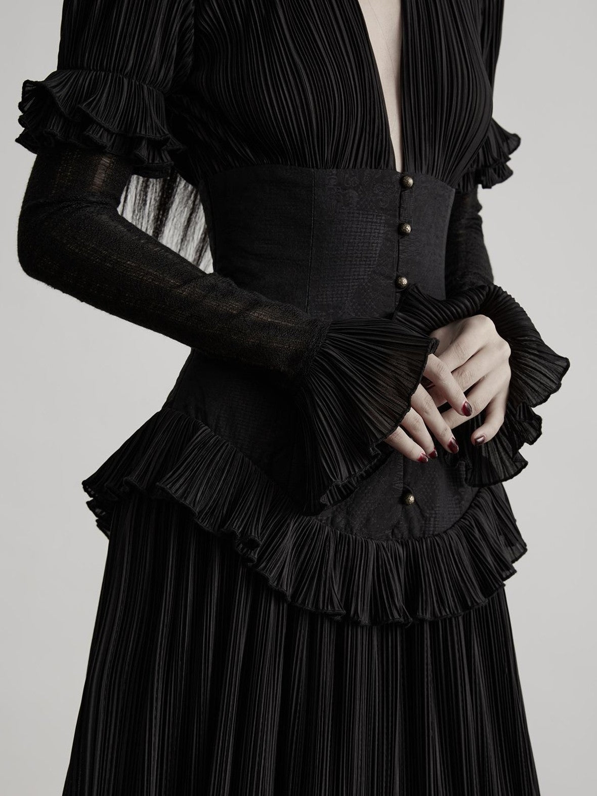 INDULGE Deep V Pleated Spliced Waist Long Sleeve Women&
