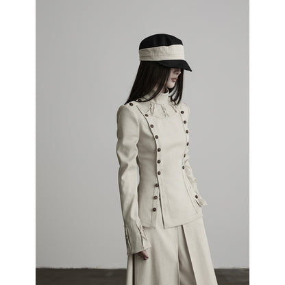 INDULGE_Double_Breasted_Stand_Collar_Slim_Fit_Long_Sleeve_Women&