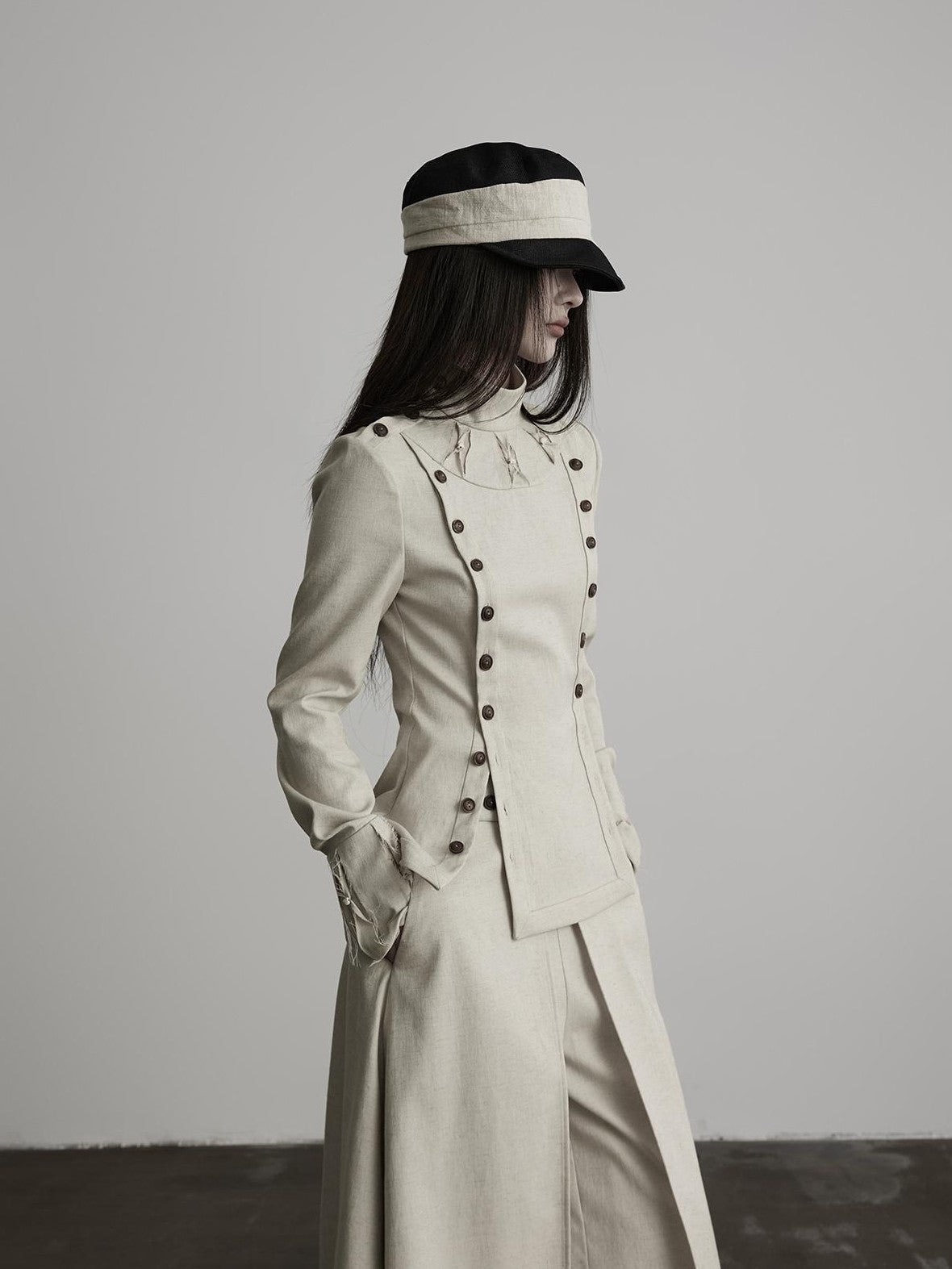 INDULGE Double Breasted Stand Collar Slim Fit Long Sleeve Women&