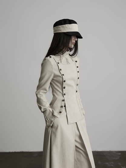 INDULGE Double Breasted Stand Collar Slim Fit Long Sleeve Women&