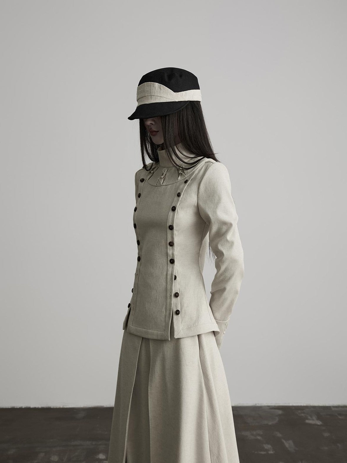 INDULGE Double Breasted Stand Collar Slim Fit Long Sleeve Women&