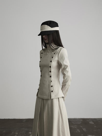 INDULGE Double Breasted Stand Collar Slim Fit Long Sleeve Women&