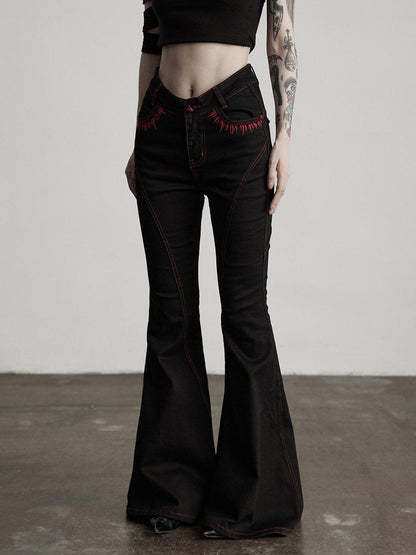 INDULGE Durable Embroidered Casual Low Rise Slim Fit Black Micro Stretch Flare Jeans