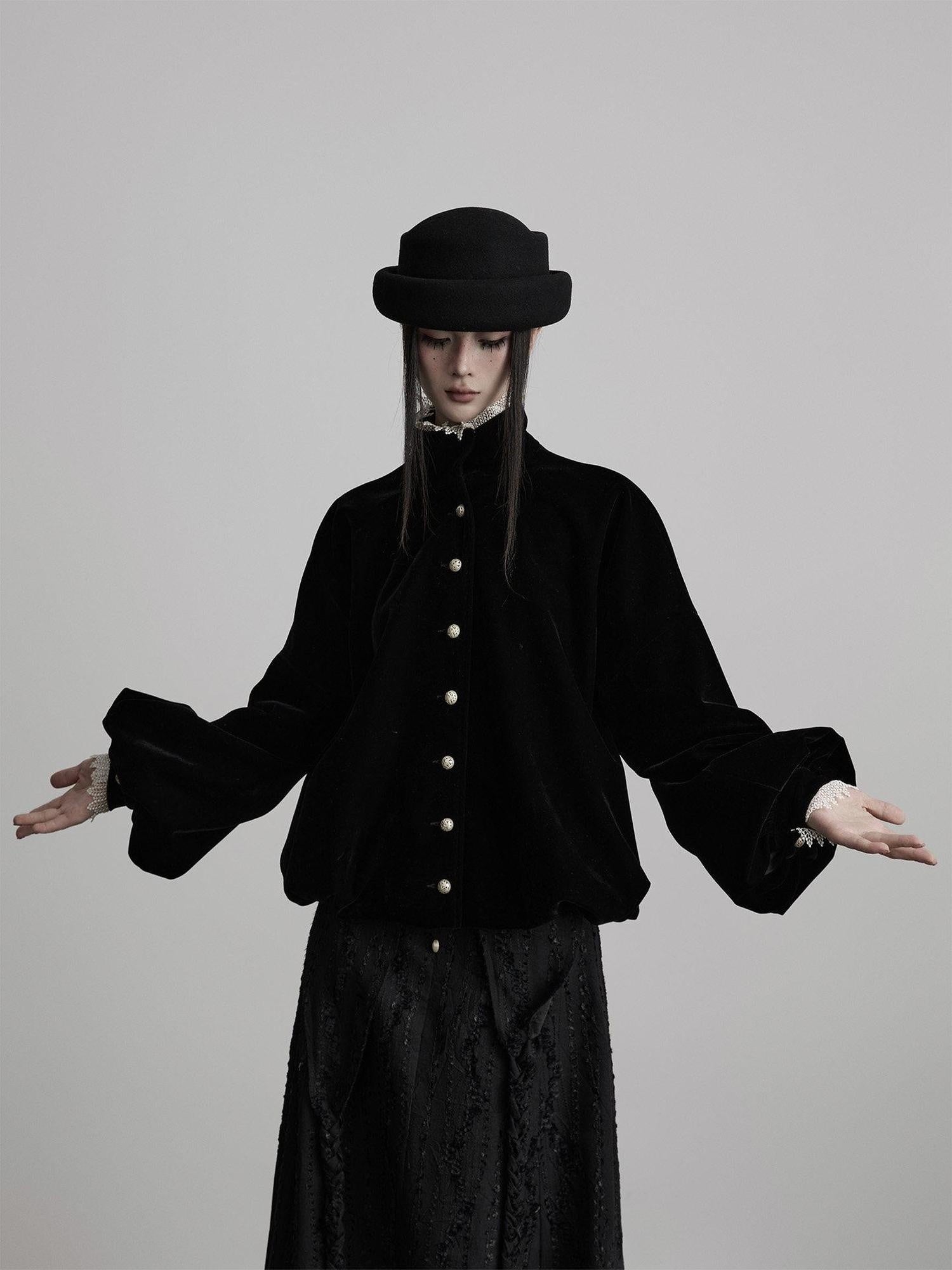 INDULGE Durable Gothic Velvet Regular Fit High Neck Women Black Button Casual Jackets