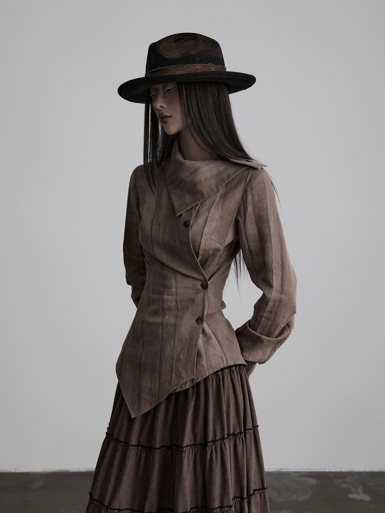 INDULGE Durable Lyocell Vintage Loose Distressed Dye Women Button Long Sleeve Blouses