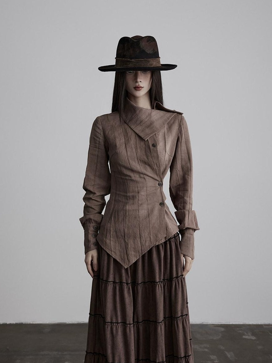 INDULGE Durable Lyocell Vintage Loose Distressed Dye Women Button Long Sleeve Blouses