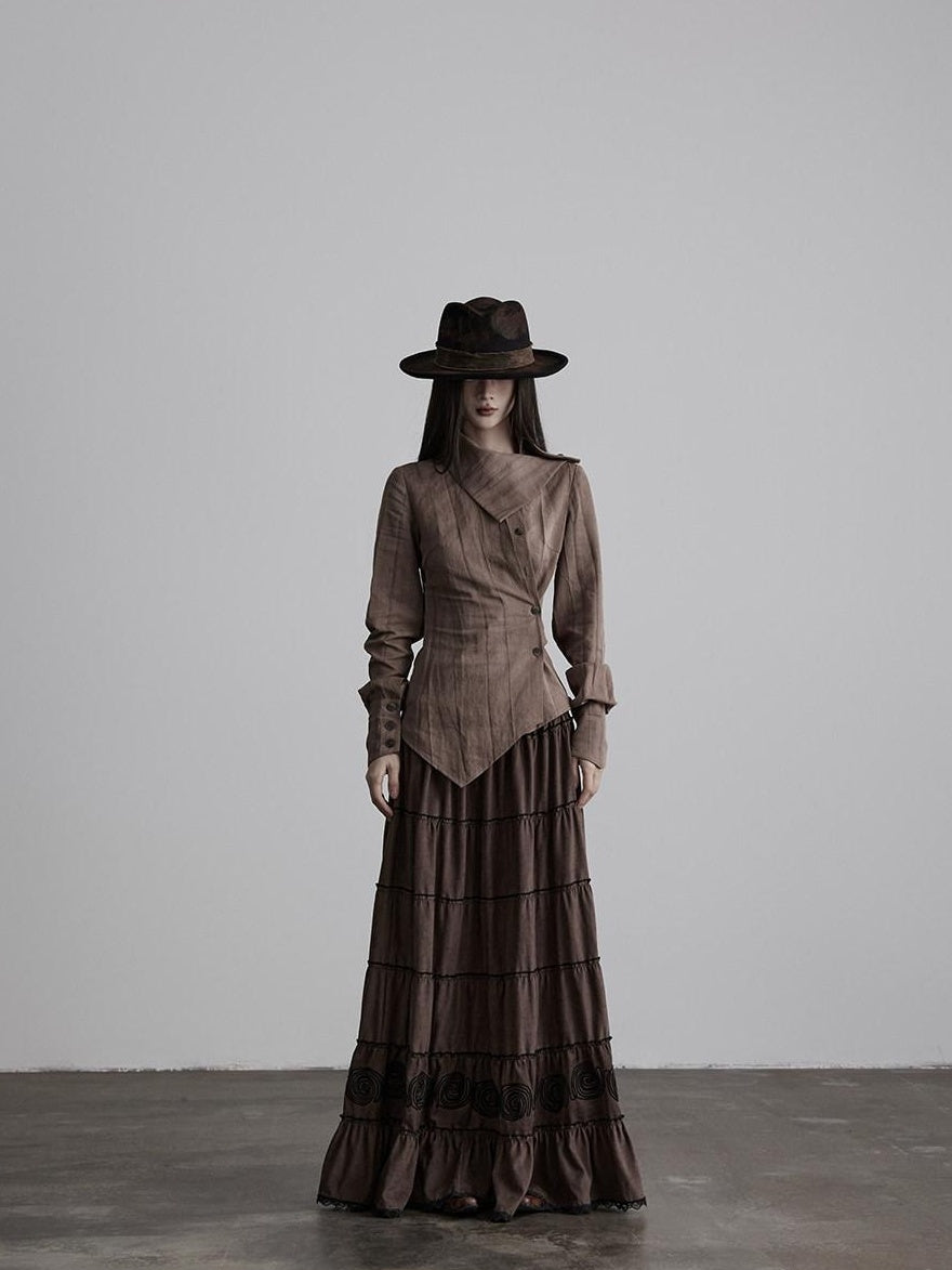 INDULGE Durable Lyocell Vintage Loose Distressed Dye Women Button Long Sleeve Blouses