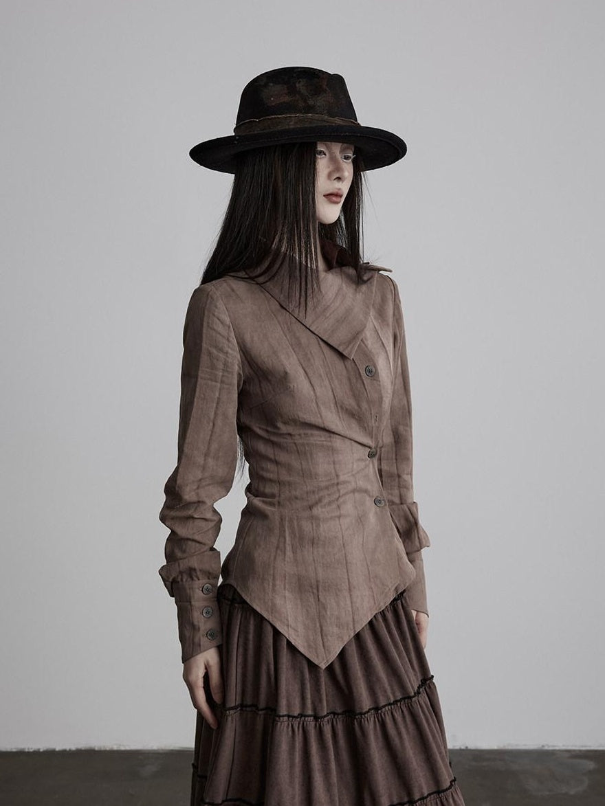 INDULGE Durable Lyocell Vintage Loose Distressed Dye Women Button Long Sleeve Blouses