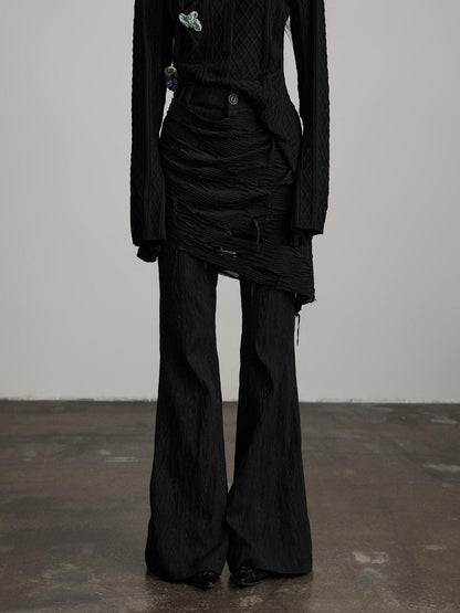 INDULGE Durable Nylon Blend Patchwork Flare Natural Waist Black Straight-Leg Pants