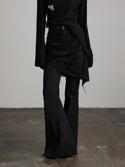 INDULGE Durable Nylon Blend Patchwork Flare Natural Waist Black Straight-Leg Pants