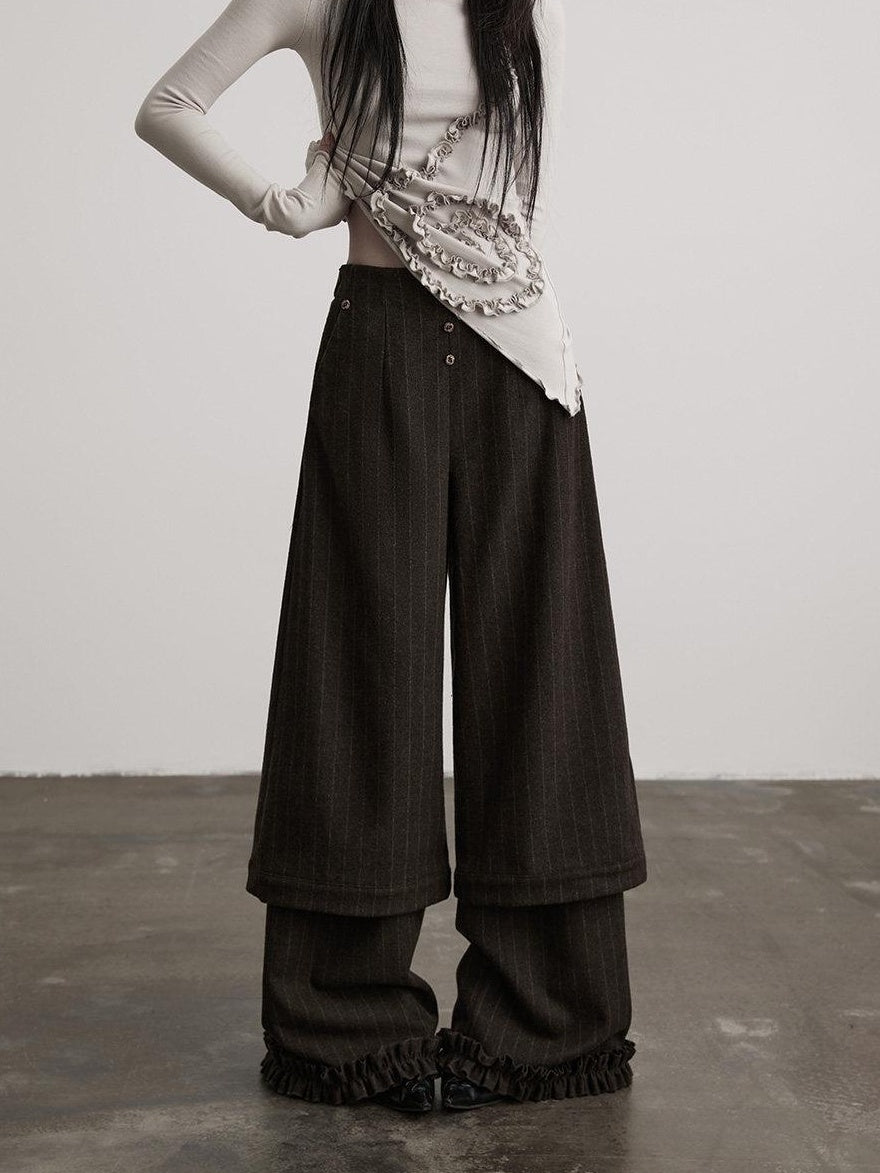 INDULGE Durable Patchwork Casual Natural Waist Zipper Straight Hem Brown Wide-Leg Pants