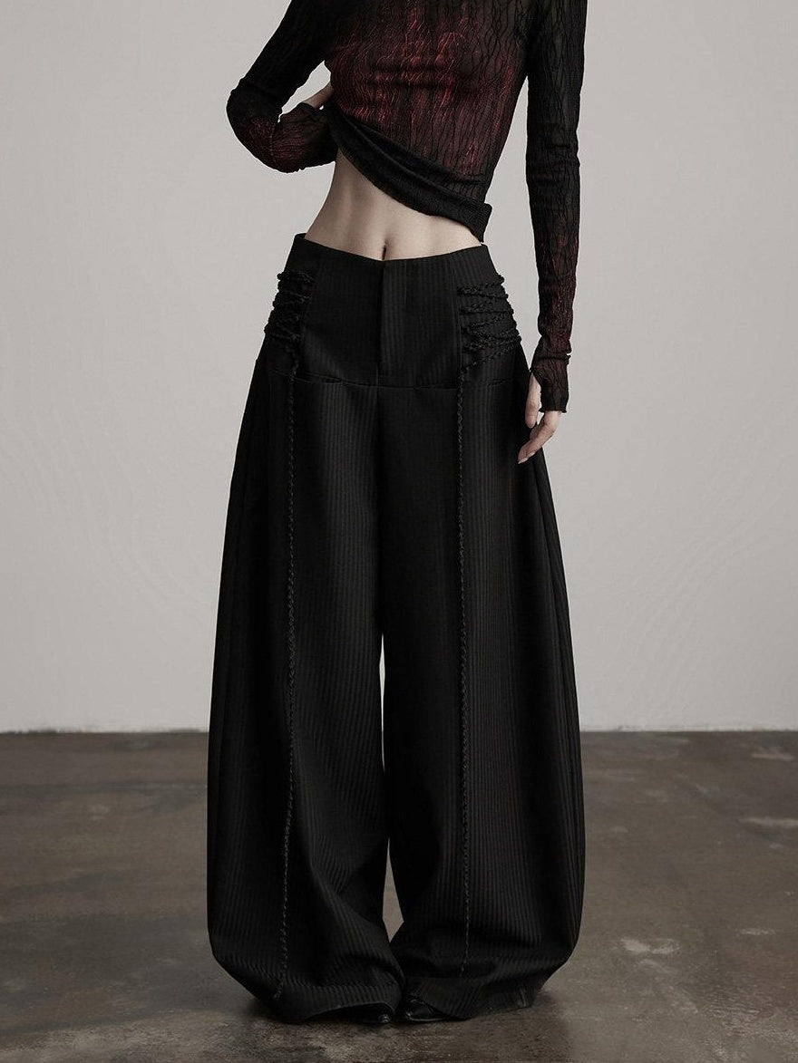 INDULGE Durable Stretch Casual Striped Flared Pockets Natural Waist Women Wide-Leg Pants