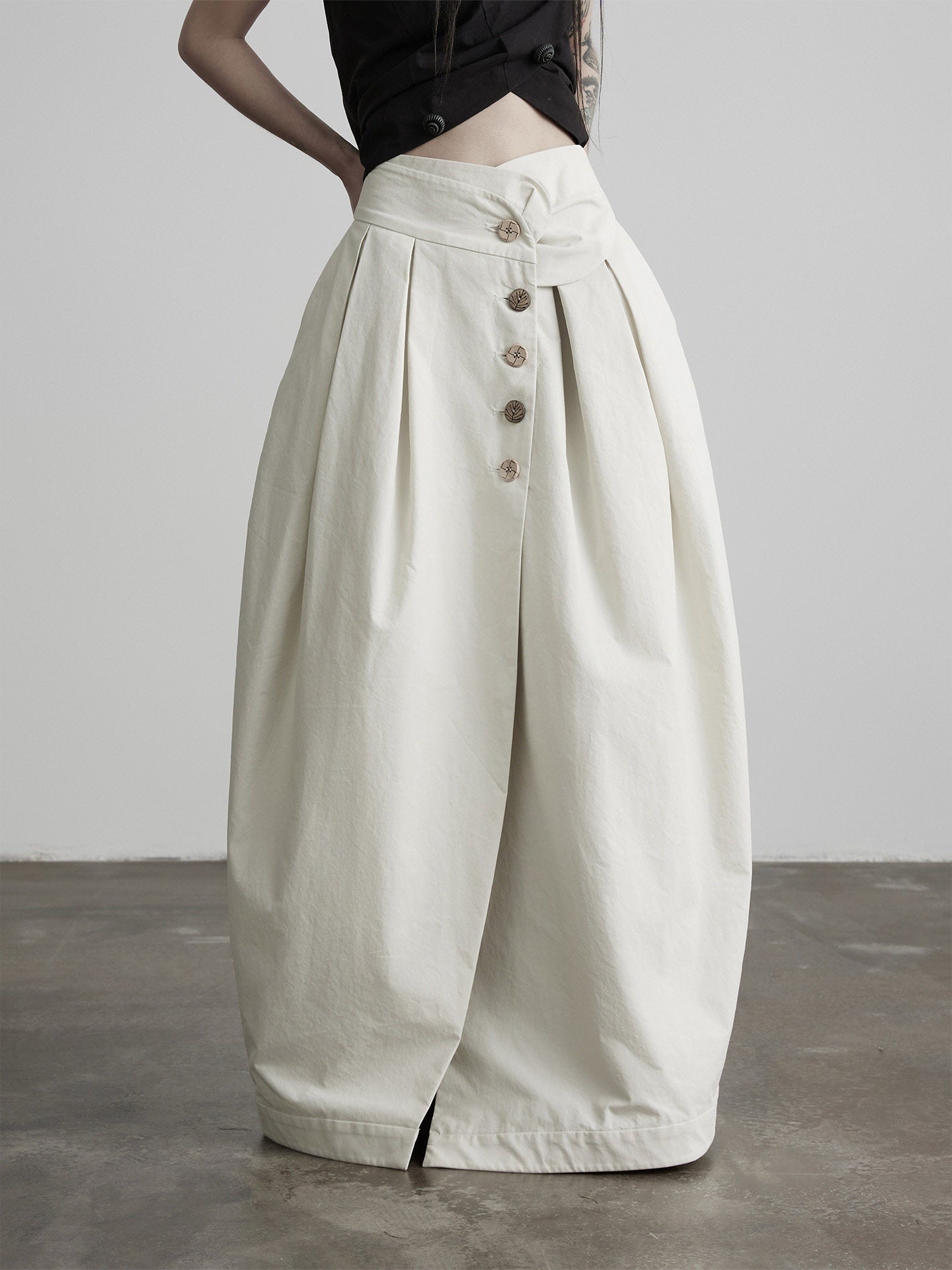INDULGE_Ecru_Asymmetric_Pleated_Button_Front_A_Line_Women&