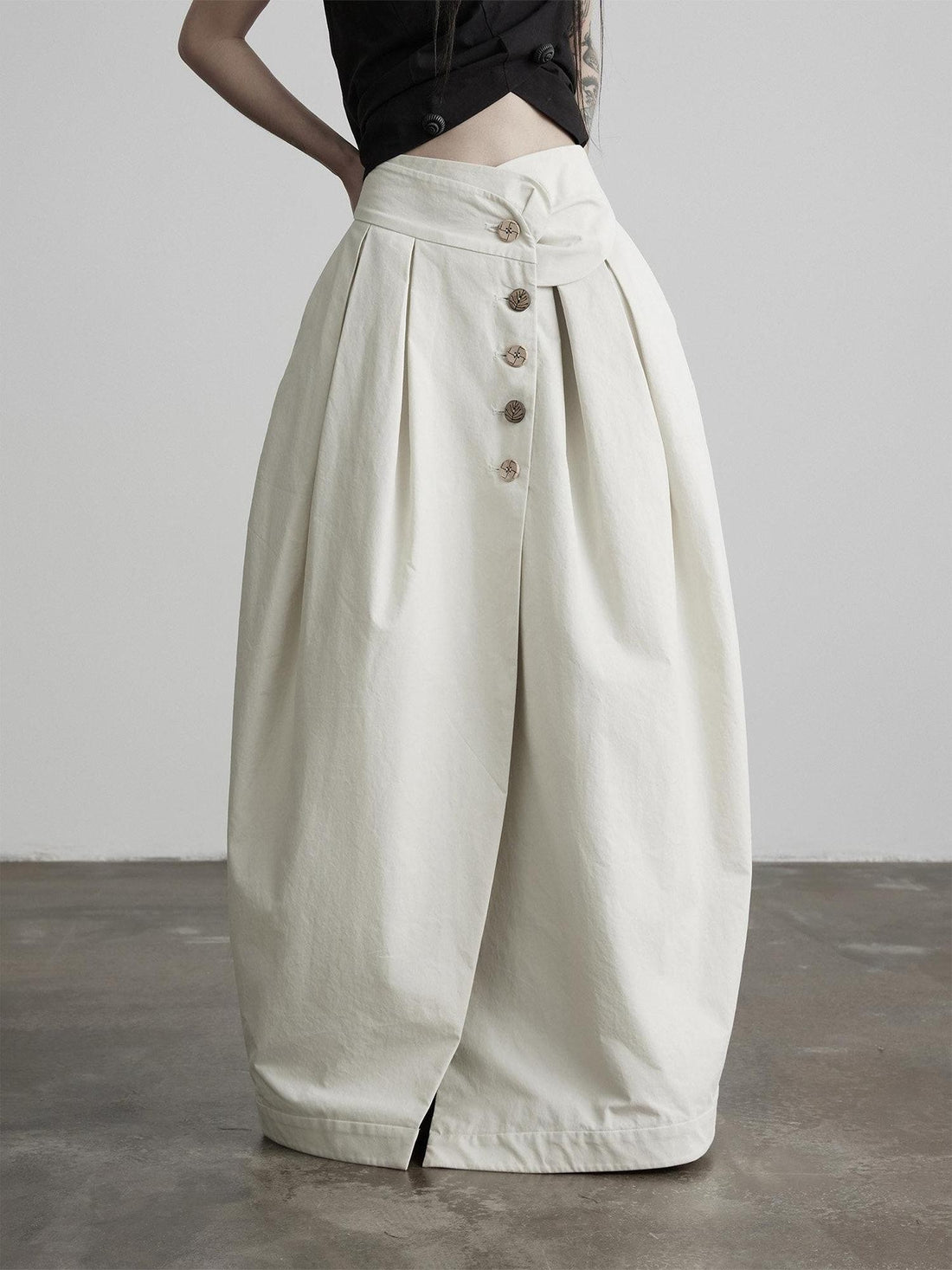 INDULGE Ecru Asymmetric Pleated Button Front A Line Women&