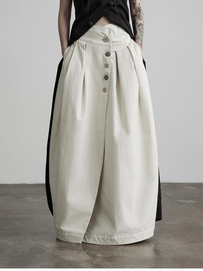 INDULGE Ecru Asymmetric Pleated Button Front A Line Women&
