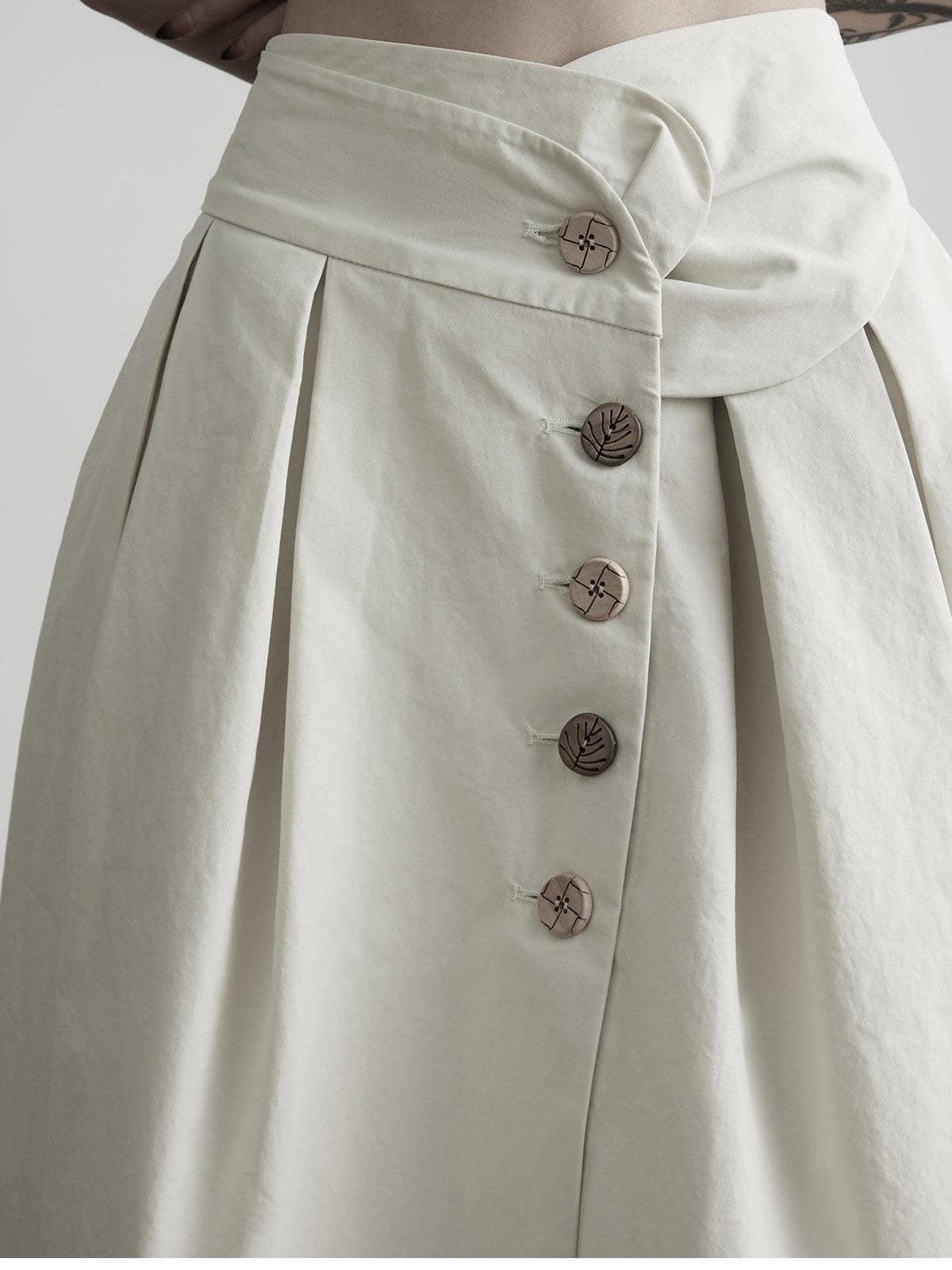 INDULGE Ecru Asymmetric Pleated Button Front A Line Women&