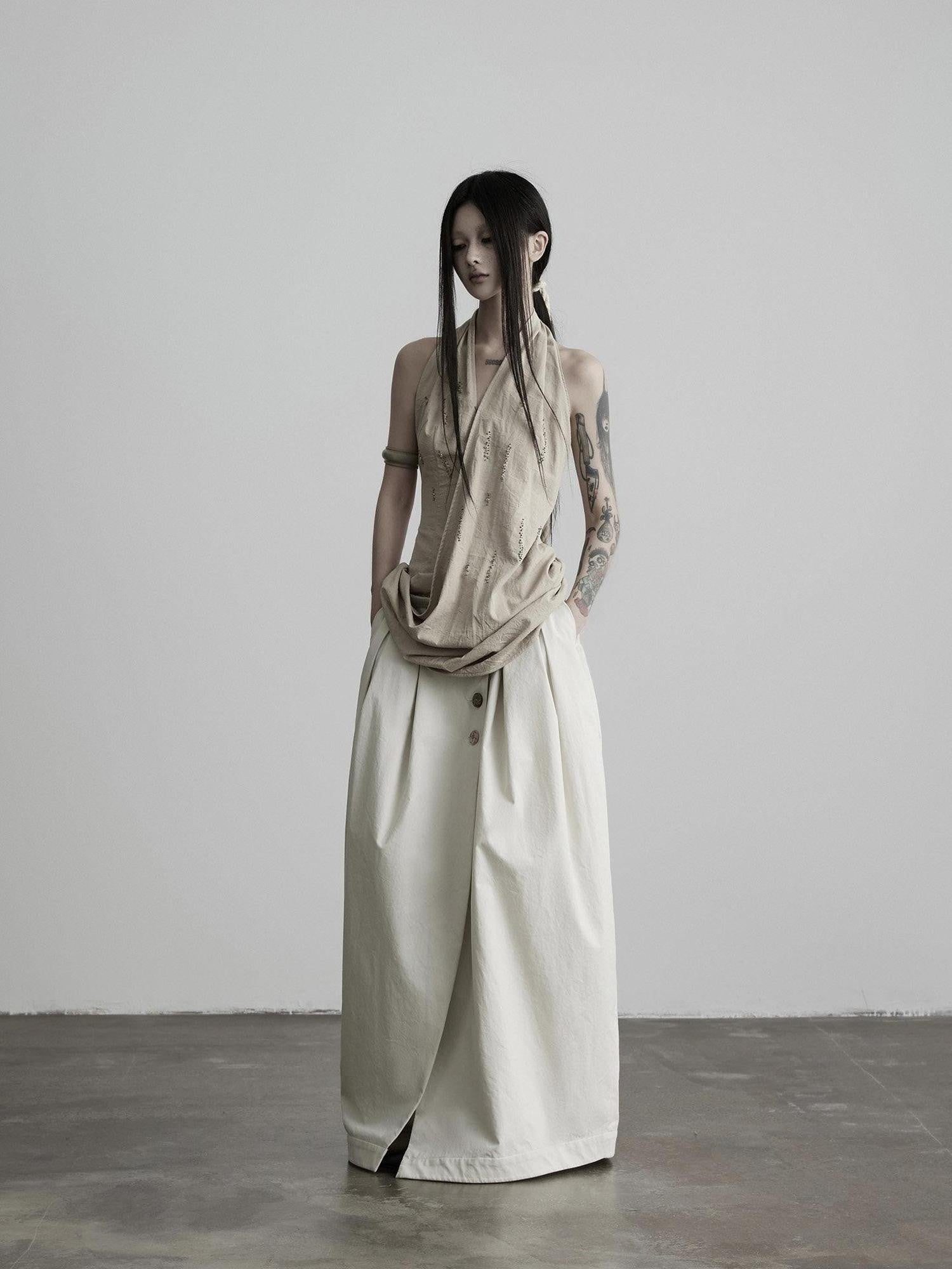 INDULGE Ecru Asymmetric Pleated Button Front A Line Women&