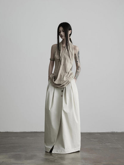 INDULGE Ecru Asymmetric Pleated Button Front A Line Women&