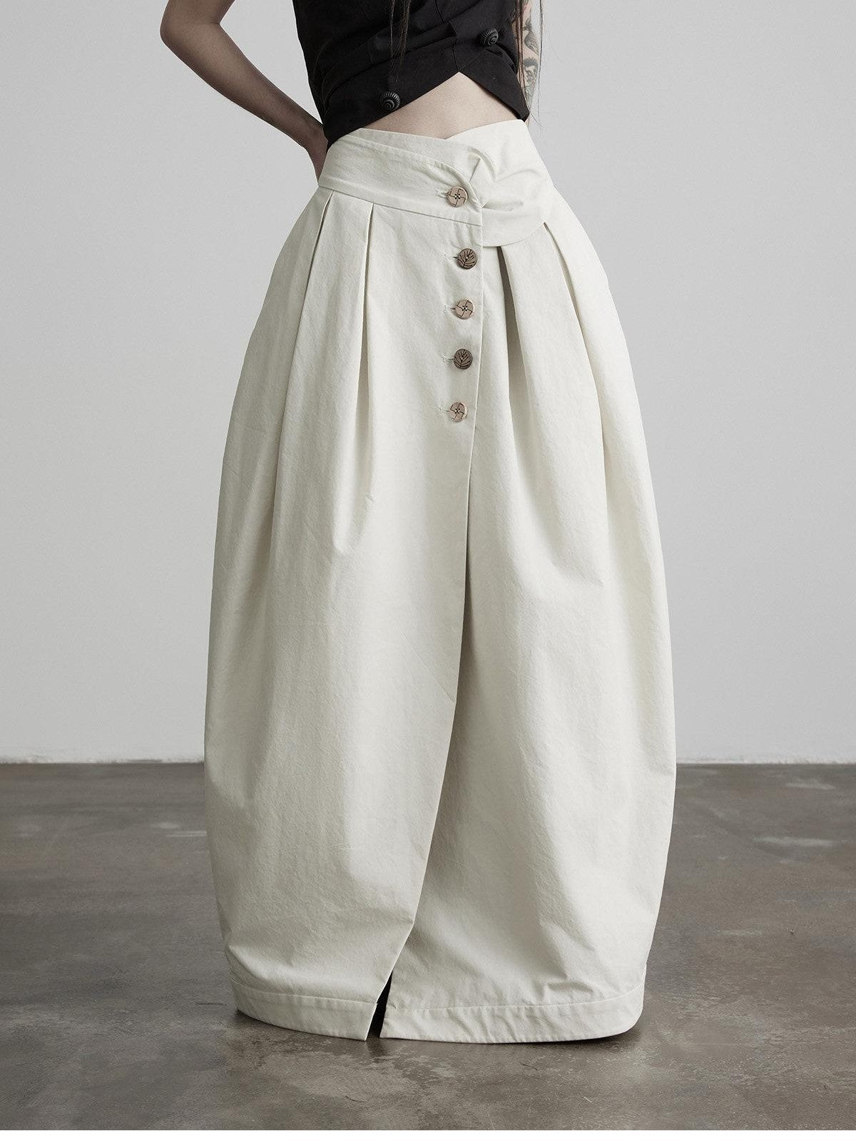 INDULGE Ecru Asymmetric Pleated Button Front A Line Women&